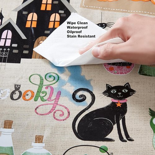 Newbridge Halloween Witches Brew Tablecloth - 52x52 Inch Vinyl with Flannel Backing, Cute Ghost & Cat Design