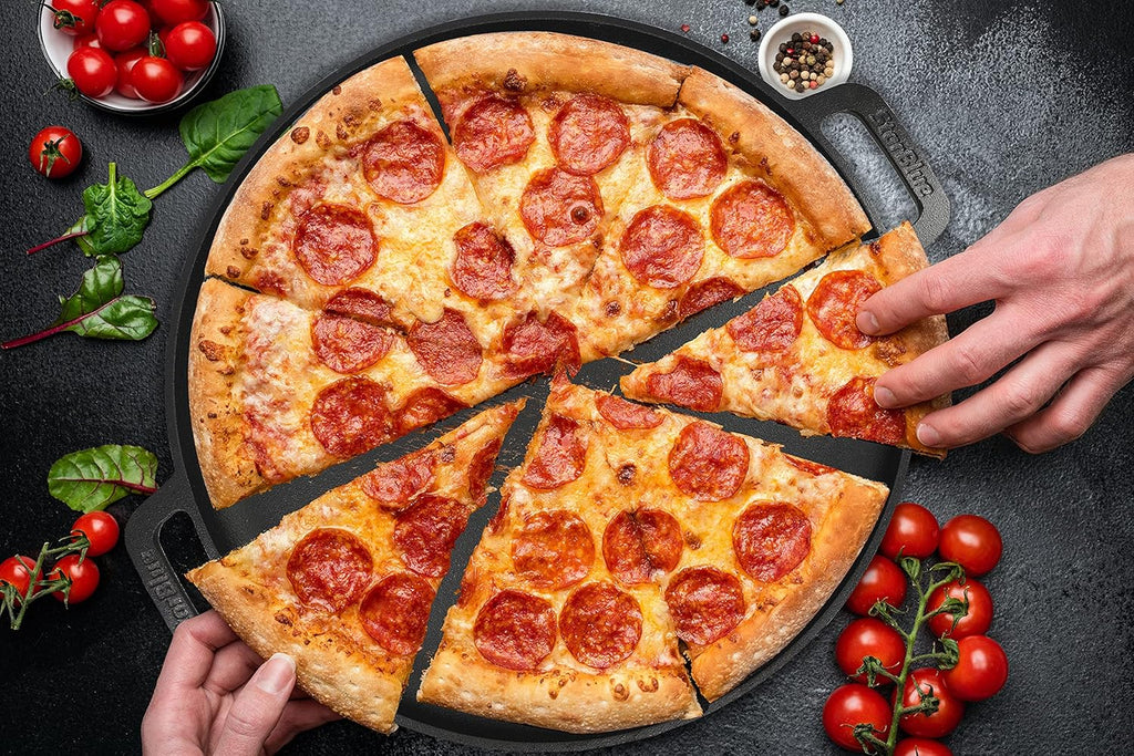 StarBlue 16-Inch Cast Iron Pizza Pan - Pre-Seasoned Griddle with Free Silicone Handles & Recipe Ebook | Perfect for Baking, BBQ, and Stovetop Cooking
