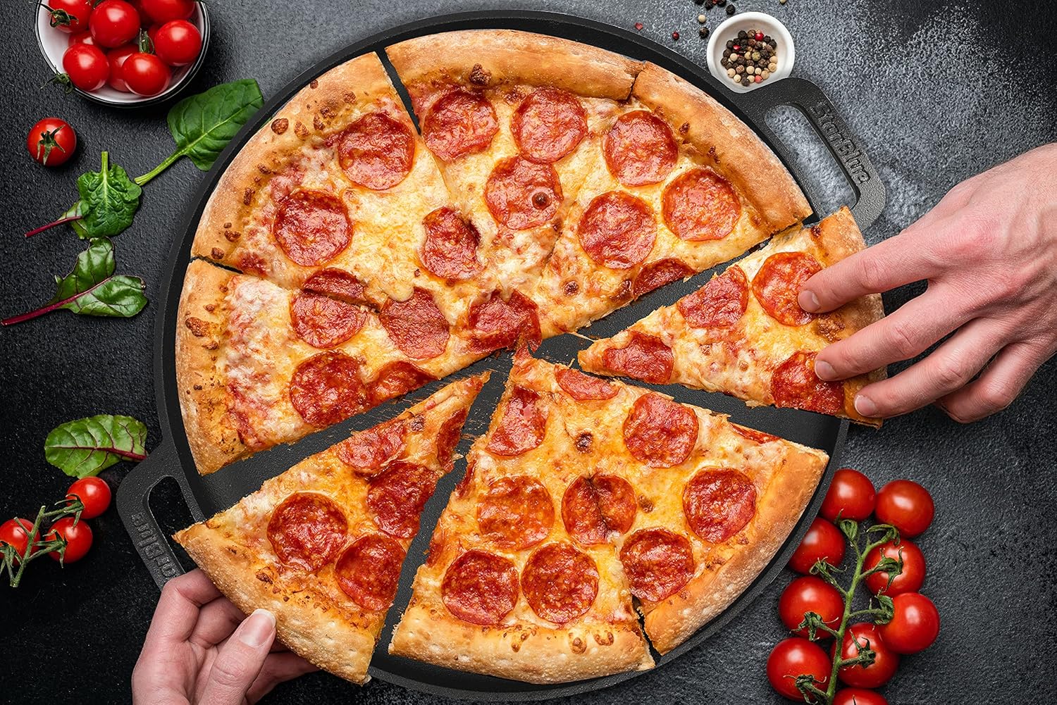 StarBlue 16-Inch Cast Iron Pizza Pan - Pre-Seasoned Griddle with Free Silicone Handles & Recipe Ebook | Perfect for Baking, BBQ, and Stovetop Cooking