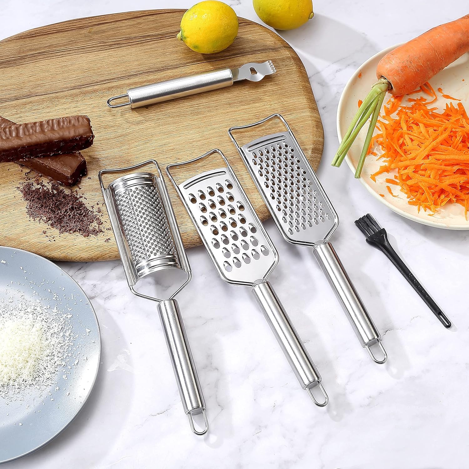 Tongjude Stainless Steel Cheese Grater Set - 5-Piece Kitchen Grater, Peeler, Slicer & Zester with Cleaning Brush
