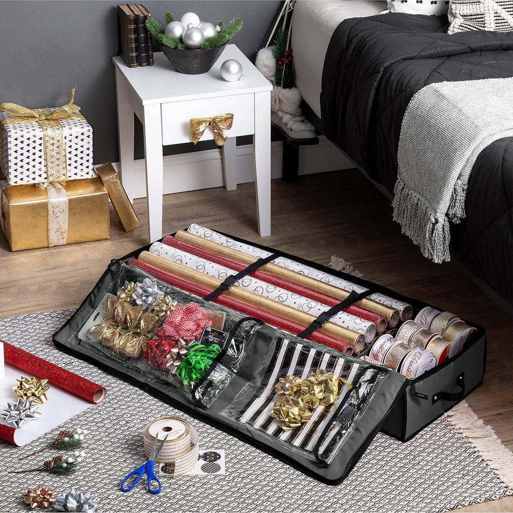 ZOBER Gift Wrapping Paper Organizer - 40" Storage for 24 Rolls with Pockets for Bows & Ribbons | Gray/Black 600D Oxford