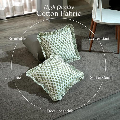 CPC Block Print Ruffle Throw Pillow Covers - Emerald Green 20"x20" | 100% Cotton Boho Decor for Living Room & Bedroom