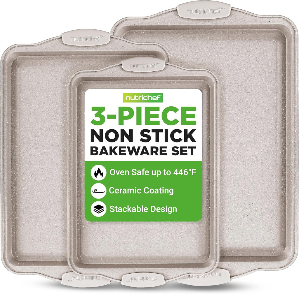 NutriChef Nonstick Cookie Sheets - Premium Carbon Steel Baking Pans with Silicone Handles | Easy to Clean, Cream Marble Finish