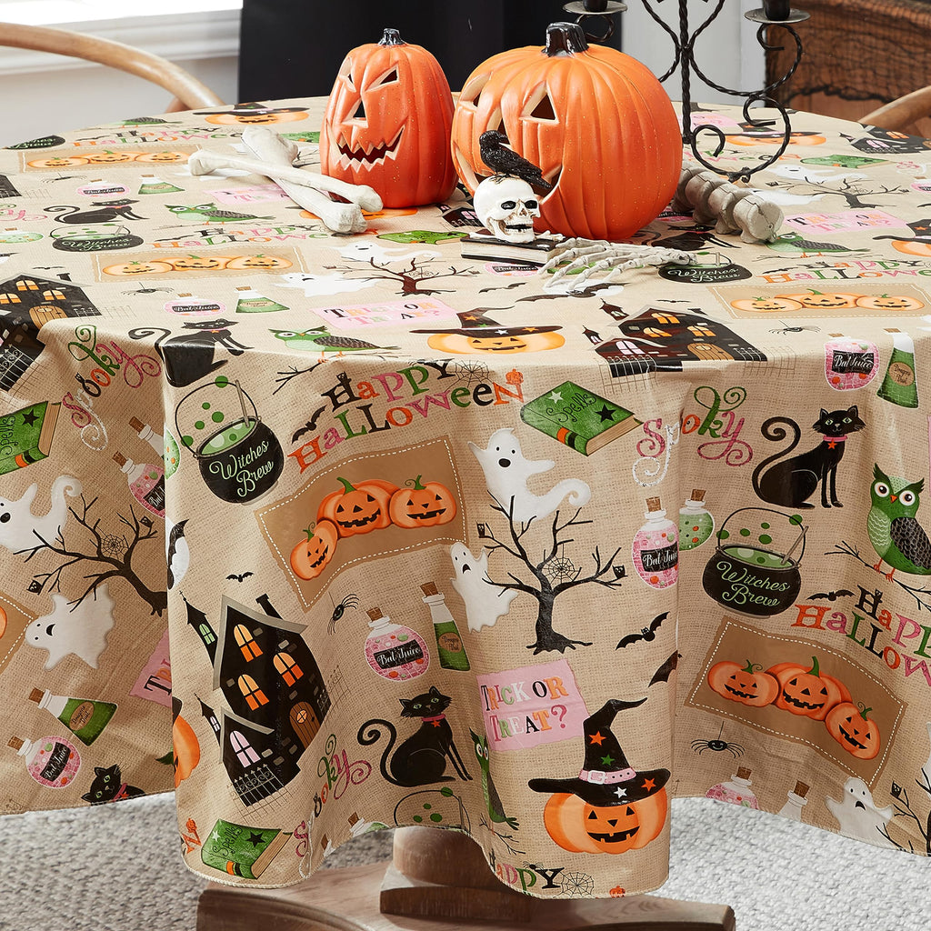 Newbridge Happy Halloween Witches Brew 60 x 84 Inch Oval Vinyl Tablecloth with Flannel Backing, Cute Ghost, Cat and Pumpkin Design, Easy Care Wipe Clean Halloween Table Cover