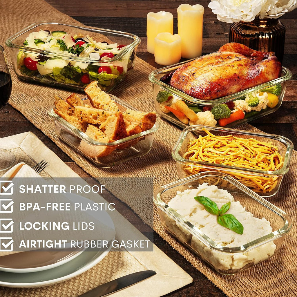 Skiennix Large Glass Food Storage Containers - 4 Piece Set with Locking Lids | BPA Free & Leak Proof, 8 Cups/63 Oz