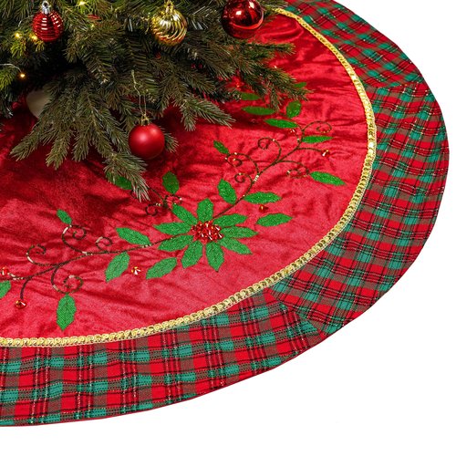 Valery Madelyn Christmas Tree Skirt for Tree Decorations, 60 Inch Traditional Red Green Gold Small Xmas Velvet Tree Skirt with Holly Leaves Pattern & Tartan Trim for Tree Merry Christmas Party Decor