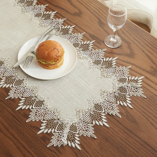 Raedan Natural Linen Table Runner 48 inches Neutral Earth Tones Beige Lace Coffee Table Runners Dresser Scarf for Spring Easter Summer Kitchen Wedding Party, Machine Washable (Natural, 16”x48”)