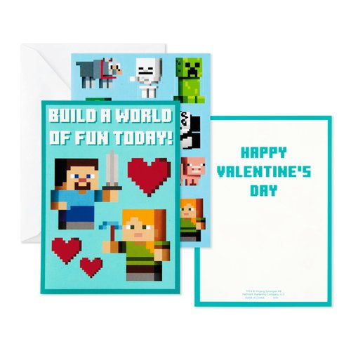 Hallmark Minecraft Valentines Day Cards and Stickers for Kids School (24 Classroom Valentines with Envelopes)