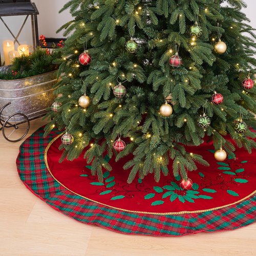 Valery Madelyn Christmas Tree Skirt for Tree Decorations, 60 Inch Traditional Red Green Gold Small Xmas Velvet Tree Skirt with Holly Leaves Pattern & Tartan Trim for Tree Merry Christmas Party Decor