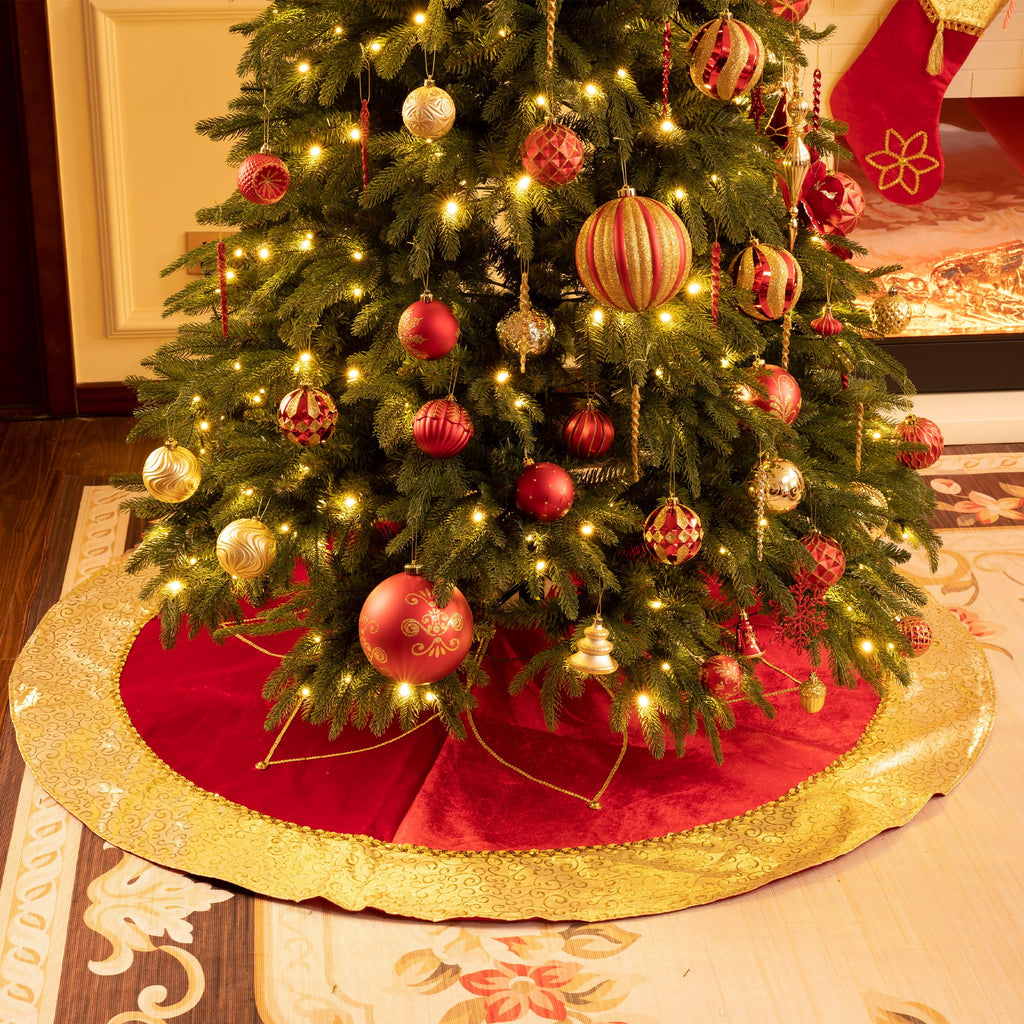 Valery Madelyn Christmas Tree Skirt for Tree Decorations, 60 Inch Fabric Luxury Red Gold Large Xmas Velvet Tree Skirt with Embroidery Flower & Golden Baroque Border Tree Merry Christmas Party Decor