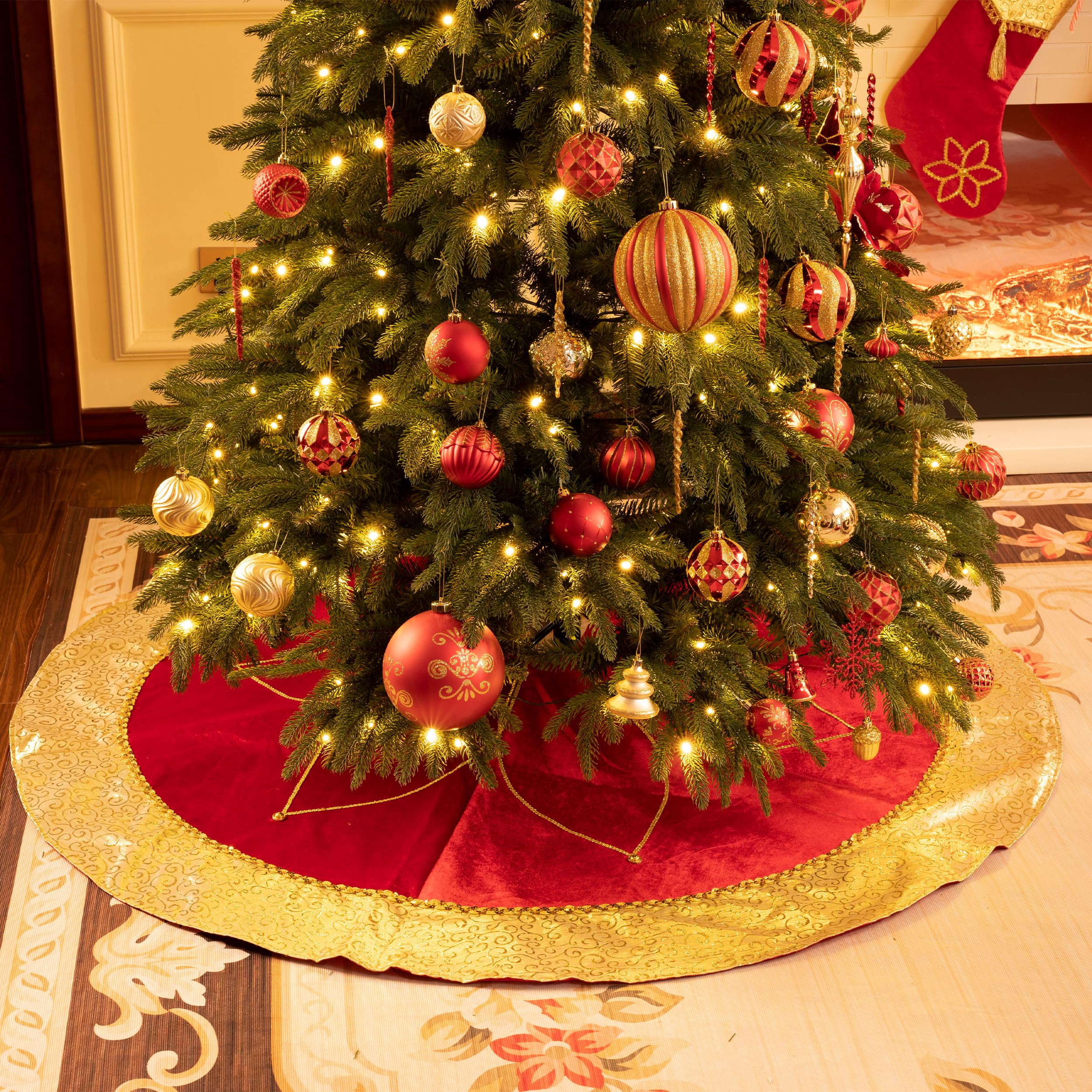 Valery Madelyn Christmas Tree Skirt for Tree Decorations, 60 Inch Fabric Luxury Red Gold Large Xmas Velvet Tree Skirt with Embroidery Flower & Golden Baroque Border Tree Merry Christmas Party Decor