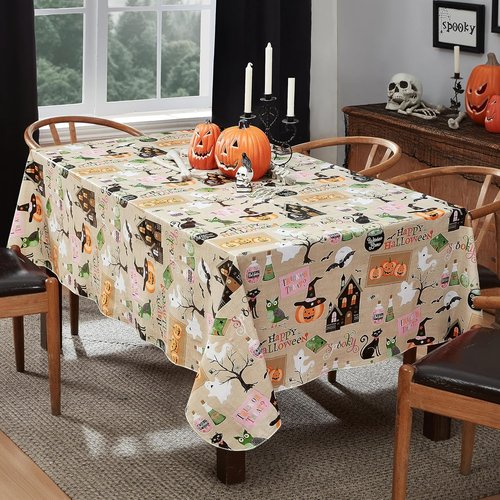 Newbridge Halloween Witches Brew Tablecloth - 52x52 Inch Vinyl with Flannel Backing, Cute Ghost & Cat Design