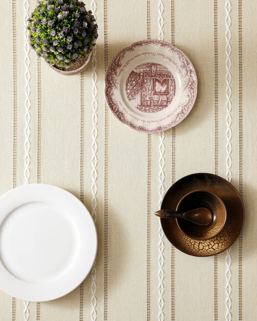 ZeeMart Hemstitched Embroidery Striped Boho Tablecloth 60x104 Inch Beige, Heavy Weight Farmhouse Burlap Linen Beige Tablecloth, Wrinkle Resistant Washable Table Cloth for Rectangle Table