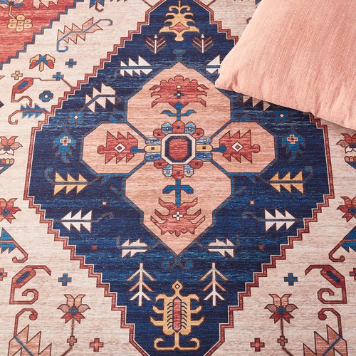 SAFAVIEH Washable Rug Tucson Collection - 4' Square, Rust & Blue, Slip Resistant & Easy to Clean, Ideal for Foyer, Kitchen, Nursery, Office, Bedroom (TSN153P)