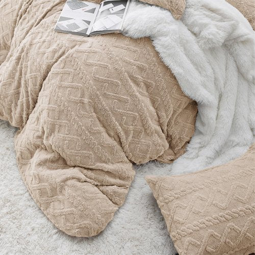 Bedsure Fluffy Flannel Duvet Cover Set - Faux Fur Comforter Cover Queen Size, Deep Beige Warm Plush Bedding for Winter, 3-Piece Set with Zipper Closure (90"x90") and 2 Pillow Shams