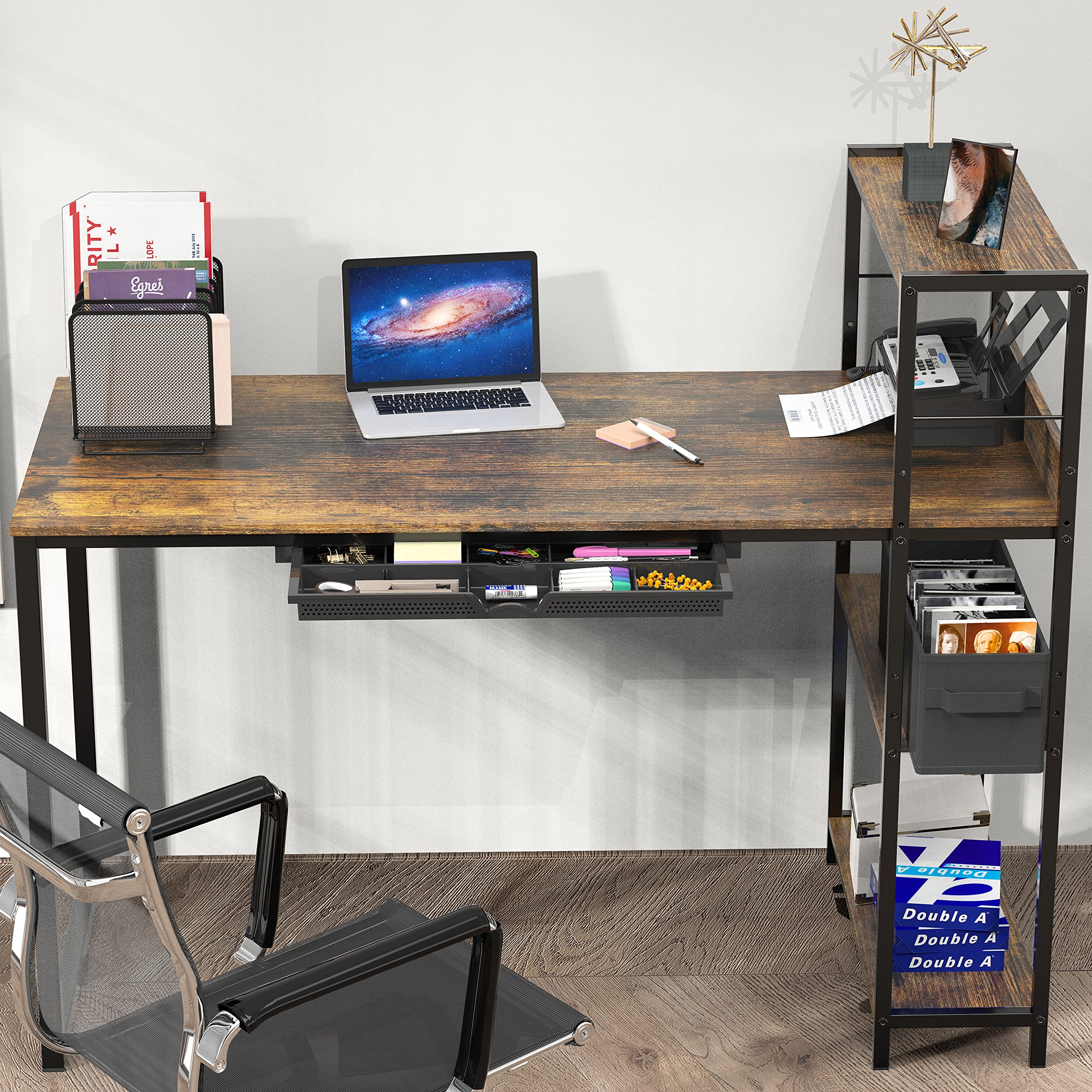 SHW 46-Inch Home Office Mission Computer Desk with Side Shelf and Drawer, Rustic Brown