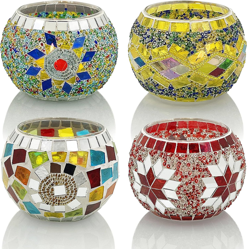 SHMILMH Glass Candle Holder Set - Handmade Mosaic Tealight Holders for Diwali & Christmas | Set of 4