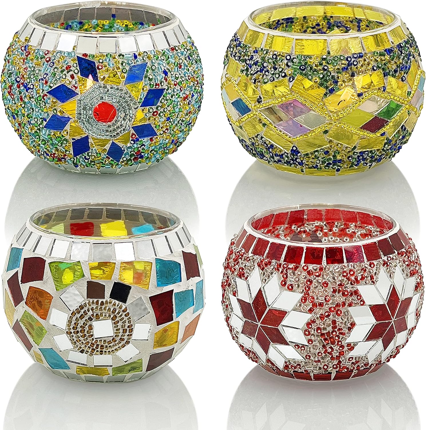 SHMILMH Glass Candle Holder Set - Handmade Mosaic Tealight Holders for Diwali & Christmas | Set of 4