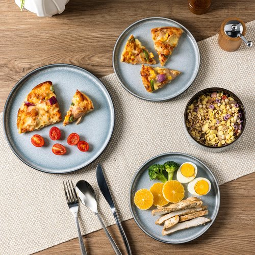 LeRatio Ceramic Dinnerware Sets for 4,Round Reactive Glaze Ceramic Plates and Bowls Set | Dishwasher & Microwave Safe Dishes Set,Service for 4 (12pc)-Gray White