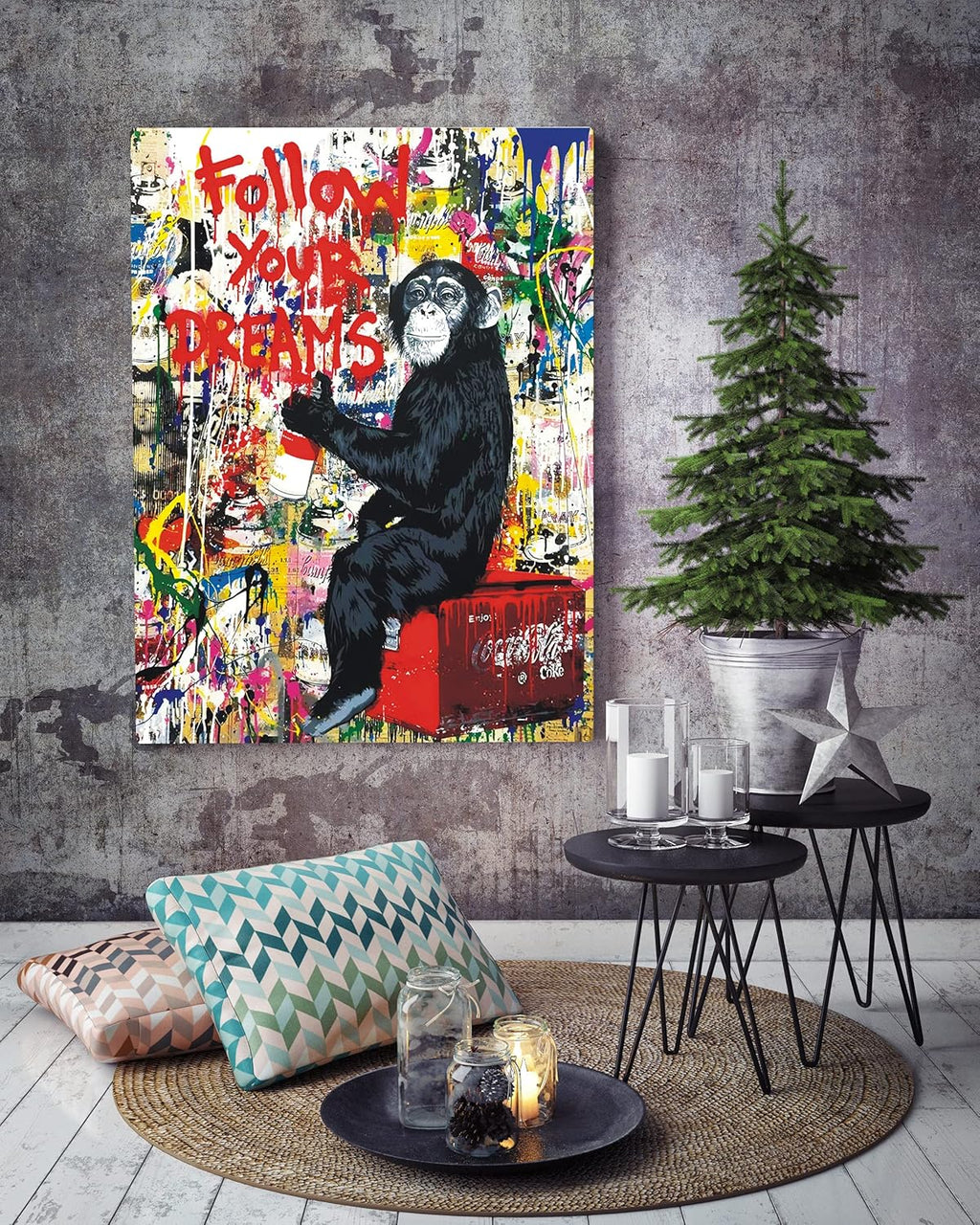 AKOTAC Monkey Street Graffiti Canvas Print - Follow Your Dreams Animal Wall Art | Framed Home Decor for Living Room & Office