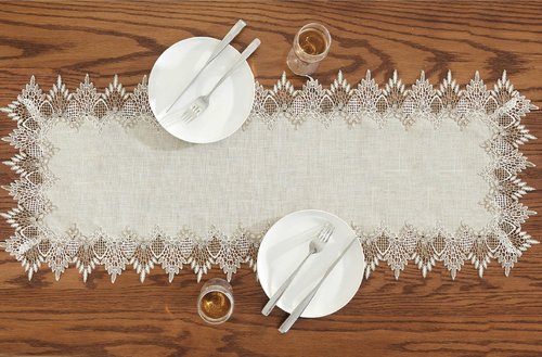 Raedan Natural Linen Table Runner 48 inches Neutral Earth Tones Beige Lace Coffee Table Runners Dresser Scarf for Spring Easter Summer Kitchen Wedding Party, Machine Washable (Natural, 16”x48”)