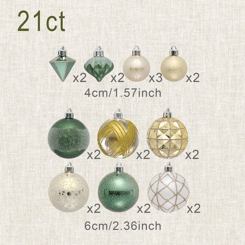 DecorbyHannah Christmas Ornaments Set Decorations, 21ct Green and Gold Emerald Vintage Christmas Tree Ornaments, Shatterproof Plastic Decorative Hanging Ball Bulk for Xmas Holiday Indoor Party Decor