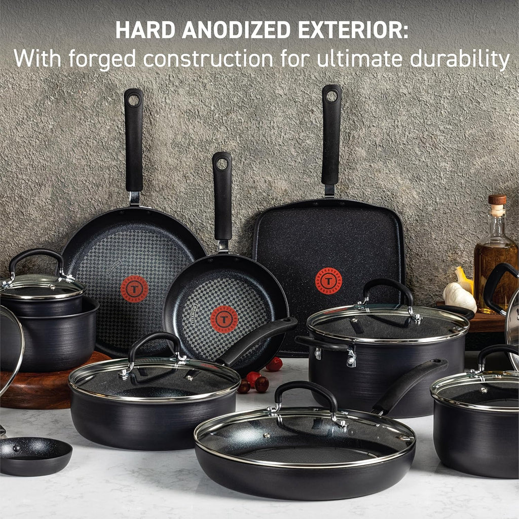 T-Fal Ultimate Nonstick Cookware Set - 17-Piece Hard Anodized Pots and Pans | Dishwasher Safe, Onyx Finish