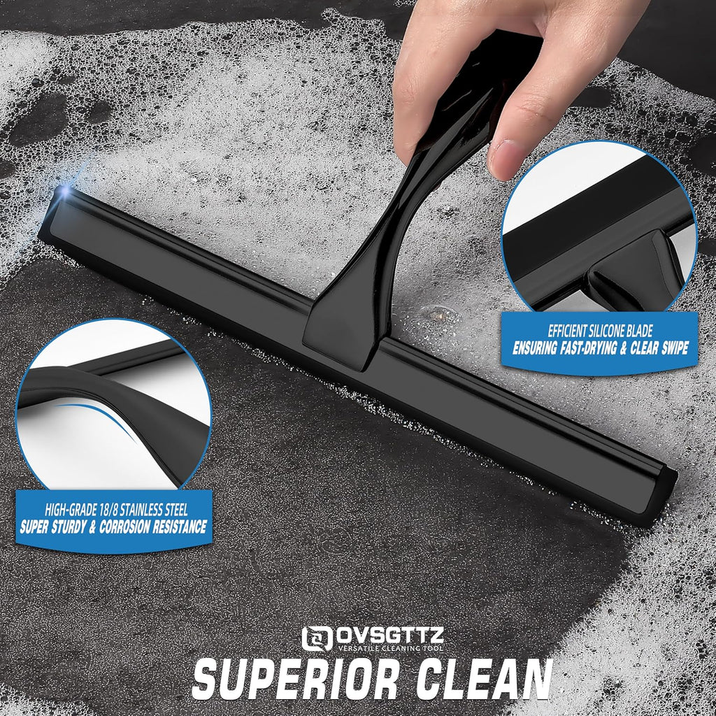 Skiennix Stainless Steel Shower Squeegee - 12 Inch Black with 3 Adhesive Hooks for Glass & Tiles