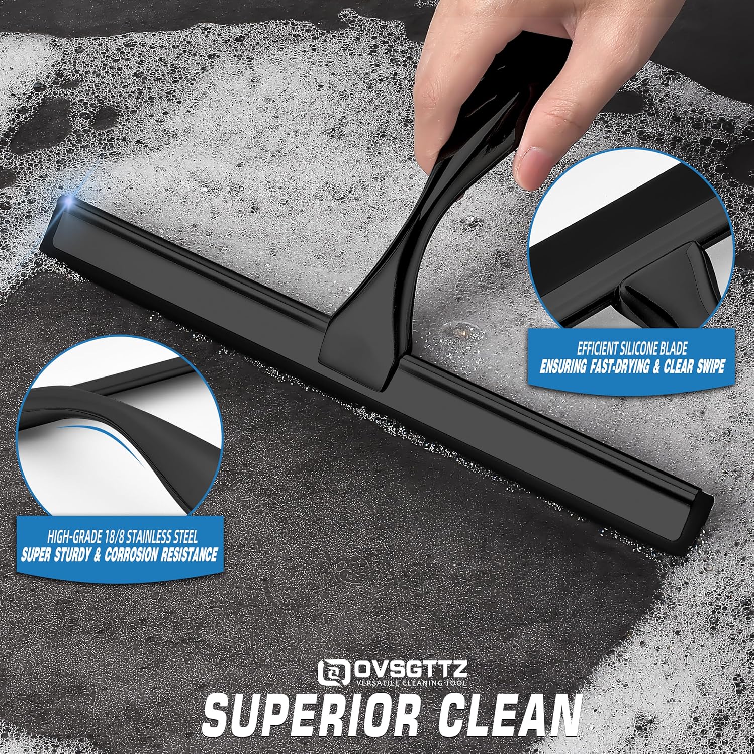 Skiennix Stainless Steel Shower Squeegee - 12 Inch Black with 3 Adhesive Hooks for Glass & Tiles