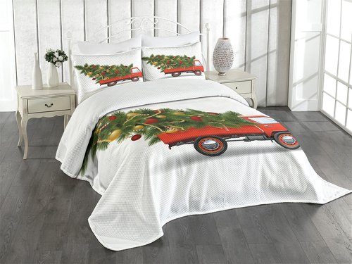 Ambesonne Christmas Bedspread, Red Retro Style Farm Truck and Big Xmas Tree Tinsel Balls Candy Design, Decorative Quilted 3 Piece Coverlet Set with 2 Pillow Shams, Queen Size, Green White