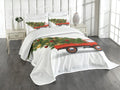 Ambesonne Christmas Bedspread, Red Retro Style Farm Truck and Big Xmas Tree Tinsel Balls Candy Design, Decorative Quilted 3 Piece Coverlet Set with 2 Pillow Shams, Queen Size, Green White