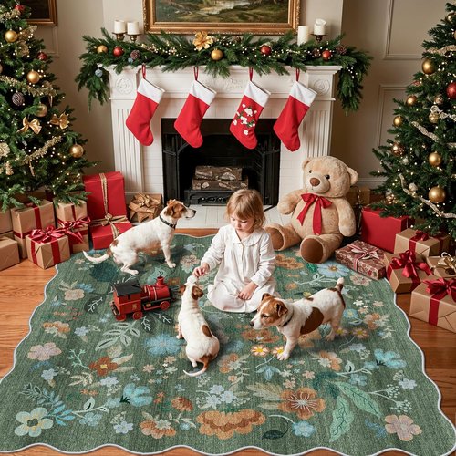 Floral Square Area Rug - Washable 5x5 Soft Carpet with Non-Slip Backing for Living Room & Bedroom