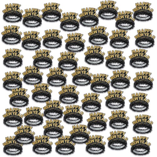 Beistle Black and Gold Happy New Year Regal Tiaras – 50-Pack Glittered NYE Headbands with Metallic Fringe and Crown Design for Midnight Celebrations, Countdown Events and HNY Party Supplies