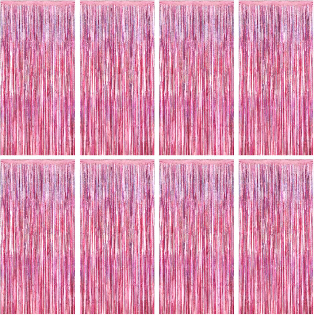 Skiennix Pink Backdrop - 8 Pack Metallic Glitter Fringe Curtains | 3.28 FT x 7.05 FT Party Decor