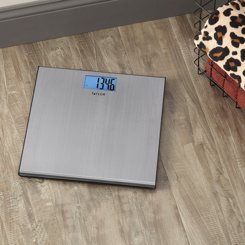 Taylor Digital Scales for Body Weight, Extra-High 440 lb Capacity, Thin Profile, Unique Blue LCD, Glass Platform, 12.2 x 12.2 Inches, Stainless Steel