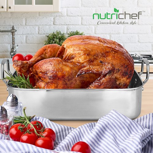 NutriChef Premium Stainless Steel Roasting Pan with Rack – Heavy‑Duty 14″ Turkey Roasting Pan for Turkey, Chicken & Meats (Wide Handles, Dishwasher Safe)