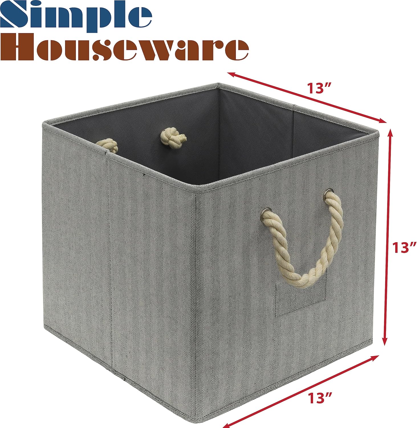 Simple Houseware 13-Inch Cube Storage Bins - Stylish Gray Bins with Braided Handles | 3 Pack