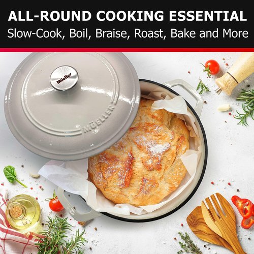 Mueller 6qt Enameled Cast Iron Dutch Oven, Heavy-Duty Casserole and Braiser Pan with Lid and Knob, Oven-Safe up to 500° F & Across All Cooktops, White