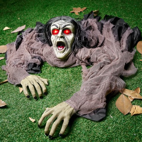 JOYIN Halloween Zombie Decorations Outdoor, Halloween Groundbreaker Outside Decor, Hanging Zombie Prop with Green Face and Lighted Eyes for Graveyard, Haunted House, Lawn, Yard, Indoor Decor