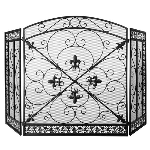 BEAMNOVA Black Decorative Fireplace Screen, 52.4 x 30.7 in, Heraldic Lily, 3-Panel Freestanding Folding Spark Guard Mesh, Heavy-Duty Fire Screen for Indoor Fireplaces Outdoor Fire Pits