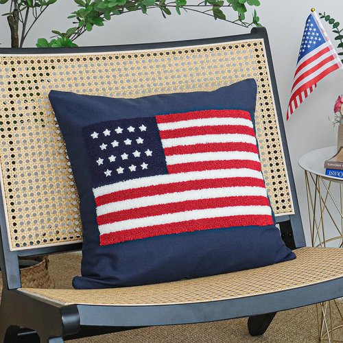 Jonhier 4th of July Throw Pillow Cover, Independence Day Patriotic Throw Pillow Case Tufted American Flag Pattern, Textured Cushion Cases Memorial Day Flag Day Decor for Sofa Bed (Blue, 18” x 18”)