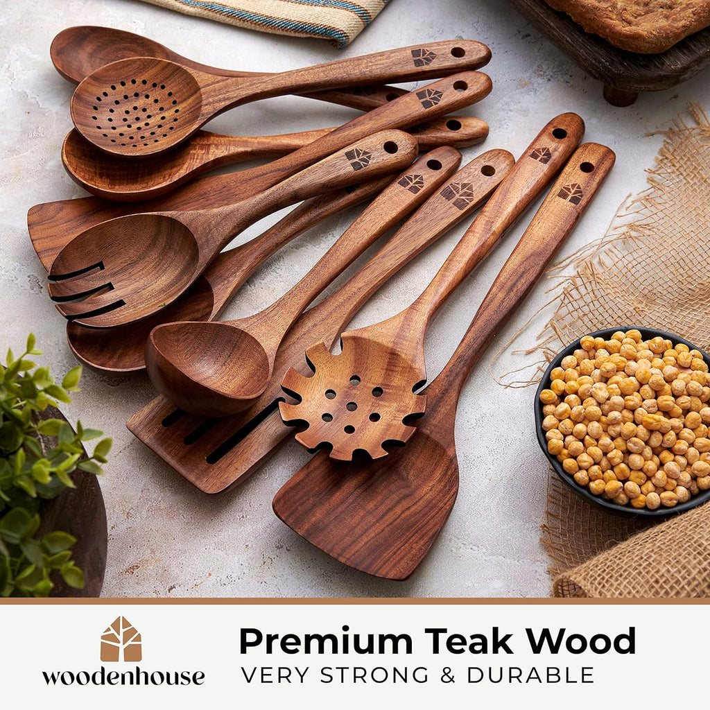 Teak Wood Cooking Spoons Set - 10 Durable Nonstick Utensils with Ergonomic Handles