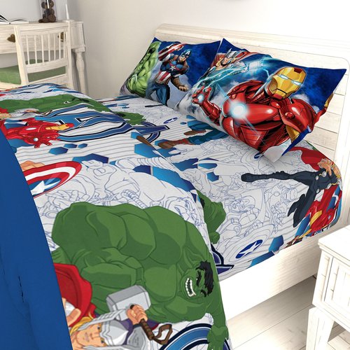 Jay Franco Kids Sheet Cartoon Set with Fitted, Flat Sheets & Pillow Cover - Ultra-Soft Bedding with Pillowcase for Room Decor, Blue - Avengers, 3 Piece Twin