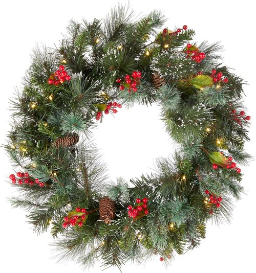 National Tree Company 24-Inch Pre-Lit Wintry Pine Flocked Christmas Wreath - 50 LED Lights, Pinecones & Berries