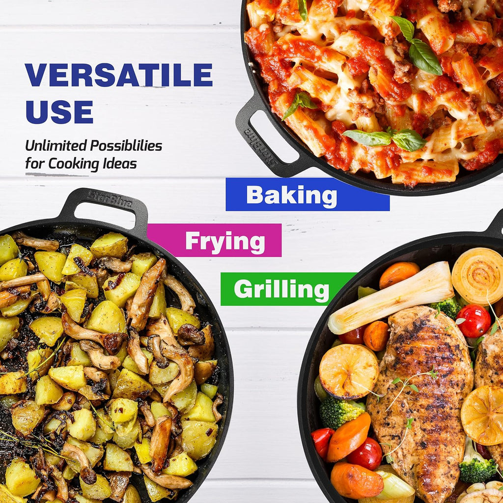 StarBlue 16-Inch Cast Iron Pizza Pan - Pre-Seasoned Griddle with Free Silicone Handles & Recipe Ebook | Perfect for Baking, BBQ, and Stovetop Cooking