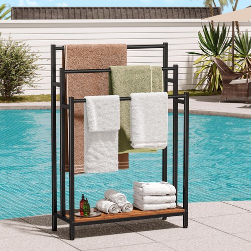 46" Extra Large Freestanding Towel Rack Stand for Bathroom, 3 Tier Blanket Ladder Holder, Outdoor Bath Towel Drying Rack with Shelf, Next to Tub or Shower, Quilt Rack, Rustic Brown and Black