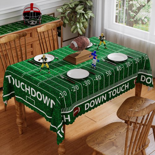 Siilues Football Tablecloth Rectangle 60x84 Inch, Washable Green Grass Touch Down American Football Field Tablecloth Scalloped Edge Waterproof Rugby Boy Birthday Party Decoration Table Cloth