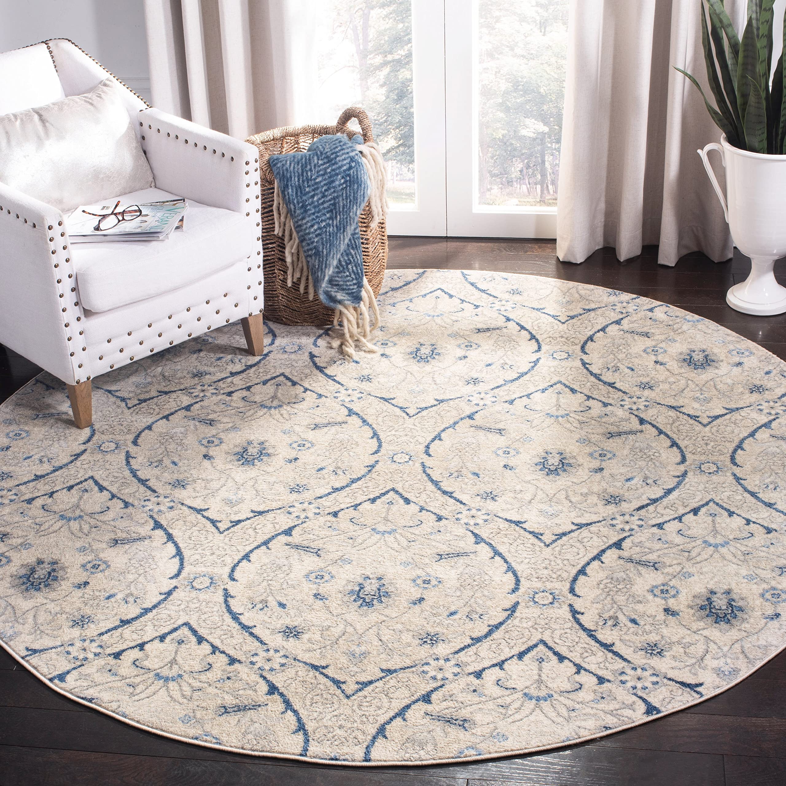 SAFAVIEH Brentwood Collection 3' x 5' Navy / Light Grey BNT860M Floral Damask Ogee Trellis Non-Shedding Living Room Bedroom Accent Rug