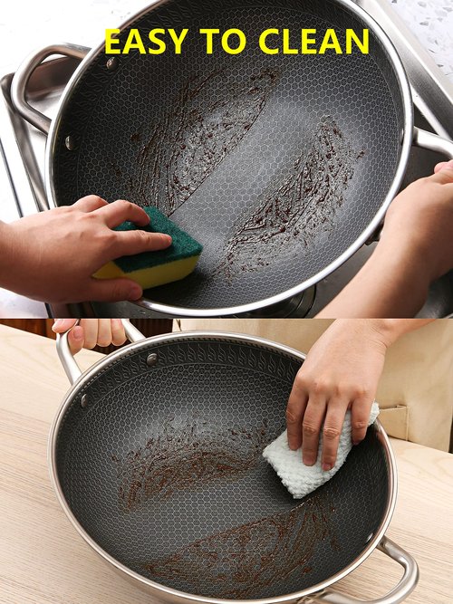 Hikaru 12.5” Wok Pan with Dual Honeycomb Wok Stainless Steel Wok Pan with Nonstick Coating, Frying Pans Cookware, Two Handles,Works with Induction ,Gas, Electric, Ceramic Furnace Stove, Without Lid