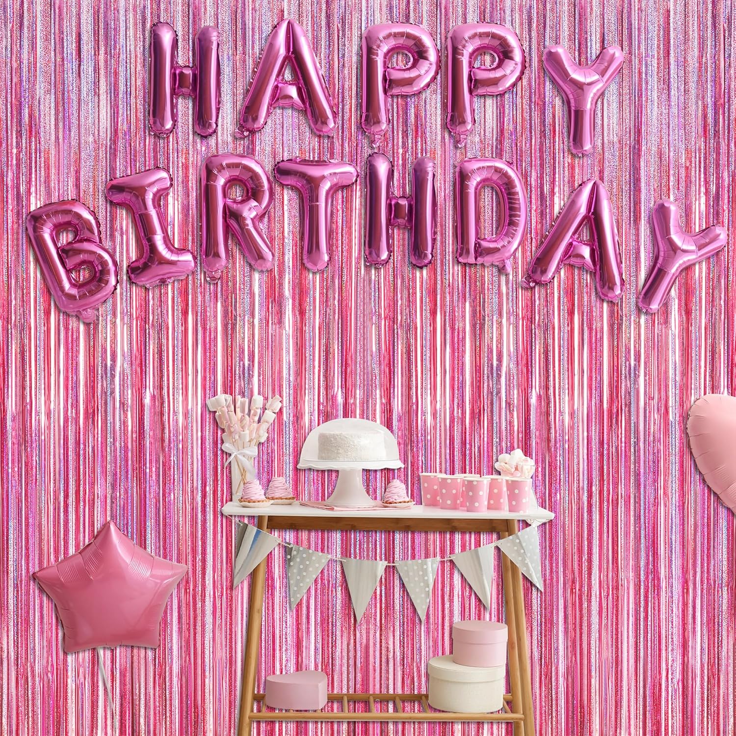 Skiennix Pink Backdrop - 8 Pack Metallic Glitter Fringe Curtains | 3.28 FT x 7.05 FT Party Decor